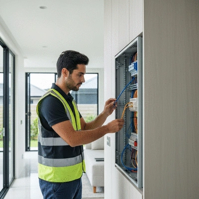 Electrician performing an electrical safety inspection in a modern Sydney home