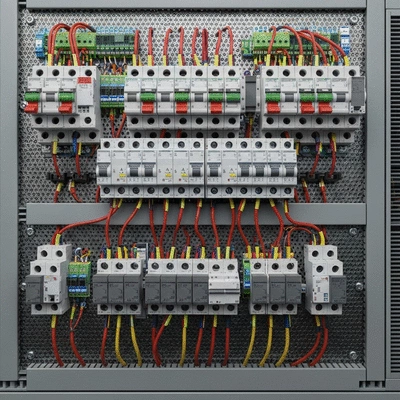 Close-up of a modern electrical switchboard with clear labeling, no text, no words, no typography, 8K, clean image