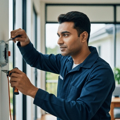 Professional electrician responding to an electrical emergency at a home, 24/7 service, diverse, clean image