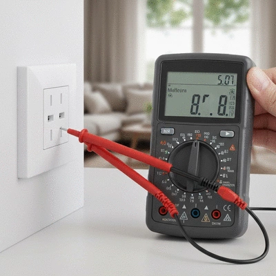 Close up of a professional multimeter tool testing a wall outlet for safety