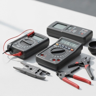 Modern electrical testing equipment on a wooden workbench in a clean workshop