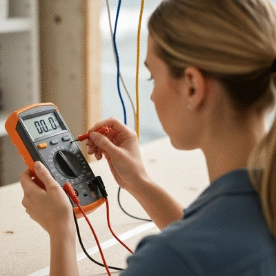 Close up of a modern digital multimeter testing electrical wires