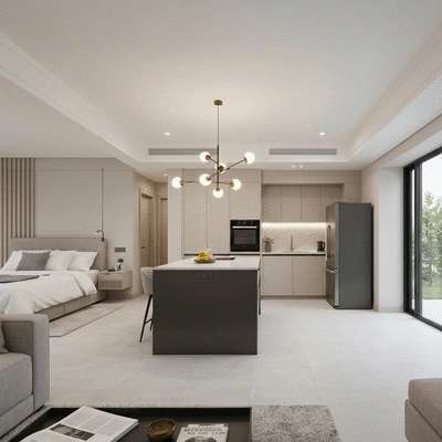 Modern home interior with focus on safe electrical outlets and lighting