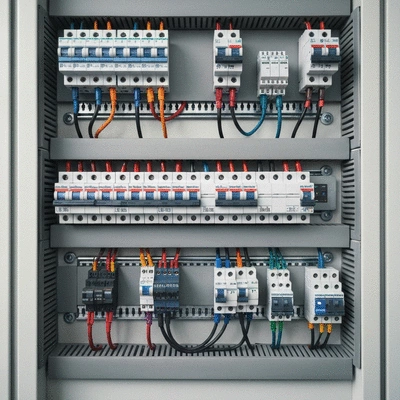 Close up of modern circuit breakers in a clean electrical panel