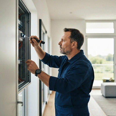 Professional electrician inspecting a residential fuse box with tools