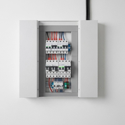 Modern electrical circuit breaker panel inside a home