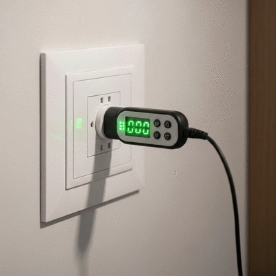 Close up of a modern electrical outlet with a safety tester plugged in