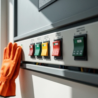 Safety first concept with a focus on a home electrical main switchboard and safety gear