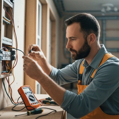 Electrician performing an electrical safety inspection on a home's wiring system