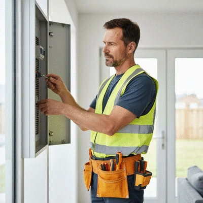 Professional electrician inspecting a residential fuse box with tools