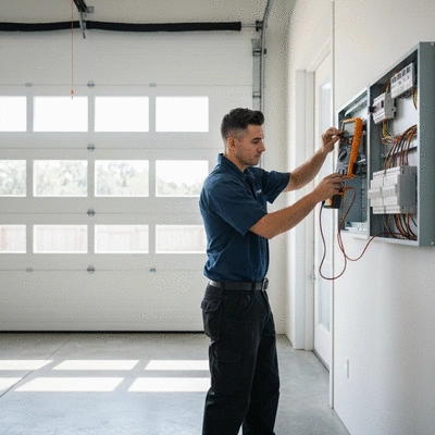 Professional electrician testing a home switchboard with tools