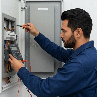 Professional electrician inspecting a home electrical panel with tools