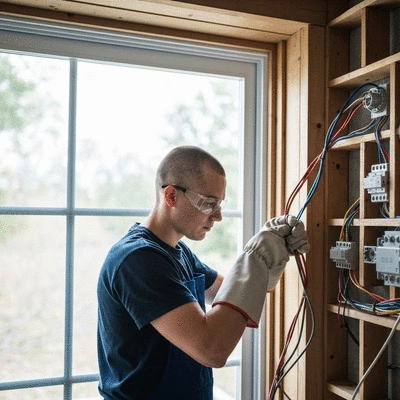 Person wearing safety glasses and insulated gloves working on electrical wiring