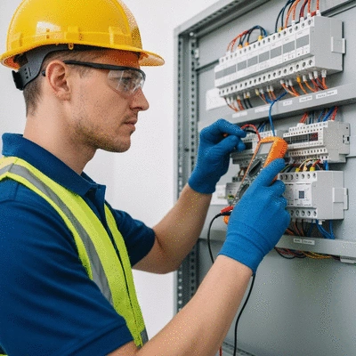 Professional electrician inspecting a residential switchboard with safety gear