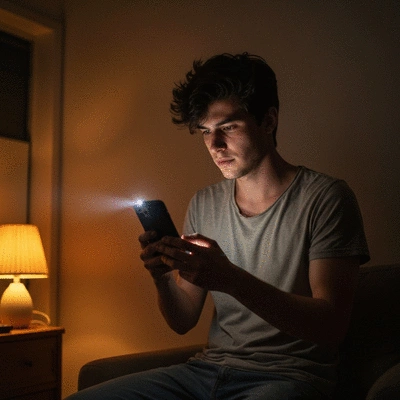 Person checking phone for power outage updates with a flashlight
