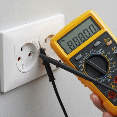 Close up of a modern digital multimeter testing a wall power outlet