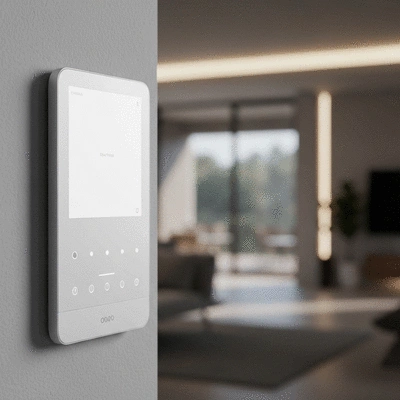 Professional electrician installing smart lighting controls in a living room