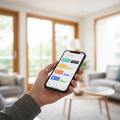Hand holding smartphone showing solar energy production analytics