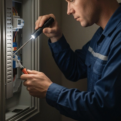 Professional electrician inspecting a residential fuse box with a flashlight at night