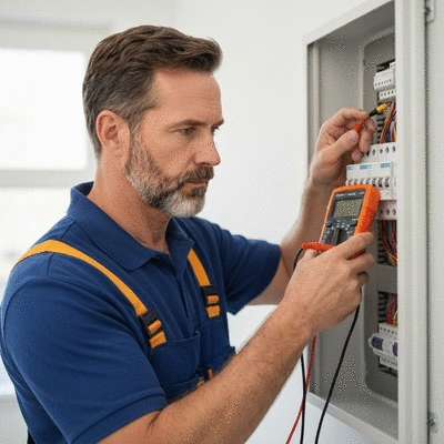 Licensed electrician inspecting a modern home circuit breaker panel with professional tools