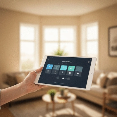 Tablet displaying a smart home automation interface in a modern living room