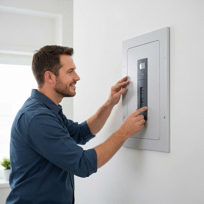 Homeowner inspecting a modern, clean electrical panel, no text, no words, no typography, 8K, clean image