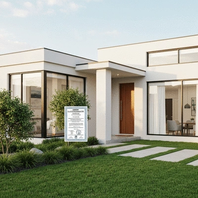 Modern home with clear electrical safety compliance certificate displayed