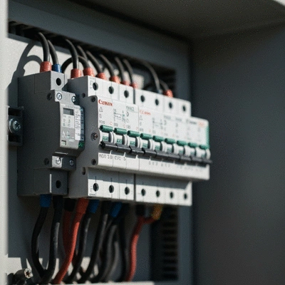 Close-up of a modern home electrical panel with RCDs and circuit breakers