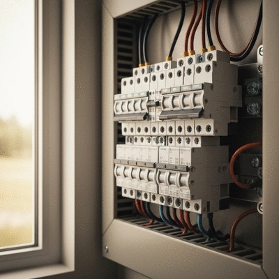 Close-up of a modern home electrical panel with circuit breakers