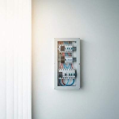 Modern residential electrical panel with circuit breakers