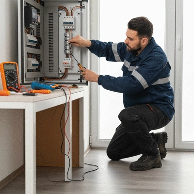 Professional electrician inspecting a modern home circuit breaker panel