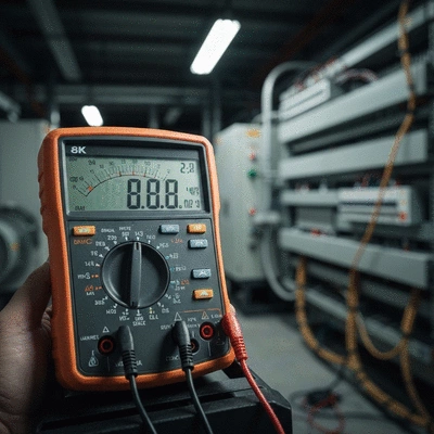 Close up of a professional digital multimeter measuring voltage in a commercial electrical panel