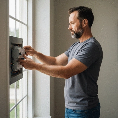 Homeowner checking circuit breaker during a power outage, focused, safe actions, no text, no words, no typography, 8K