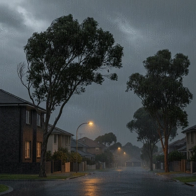Residential street during a storm with dark clouds and swaying trees