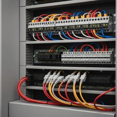 Modern smart home control panel with organized electrical wiring